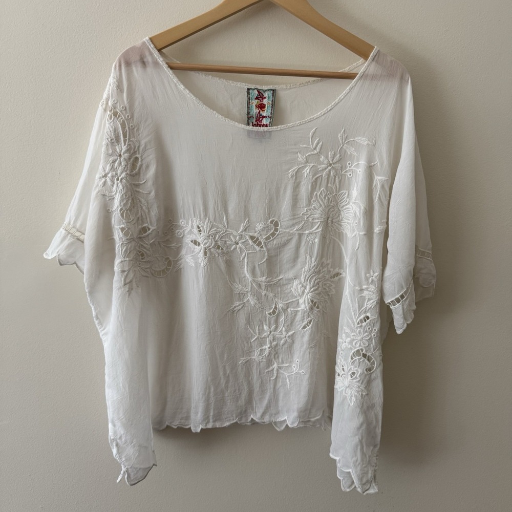 Johnny Was White Embroidered Sheer Top Women's XL Cupro Floral